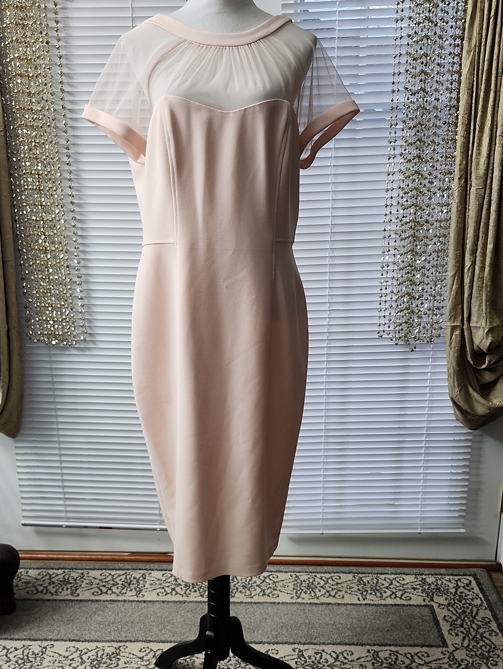 Maggy London Blush Pink Sheer Yoke Midi Dress